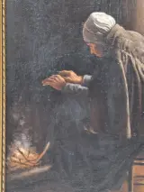 Antiek olieverfschilderij op doek - "oude vrouw bij de haard" - gesigneerd F. Serras – foto 8 – kavel bij De Kringwinkel, Gent
