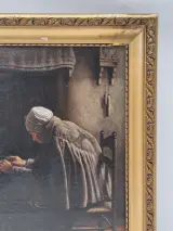 Antiek olieverfschilderij op doek - "oude vrouw bij de haard" - gesigneerd F. Serras – foto 9 – kavel bij De Kringwinkel, Gent