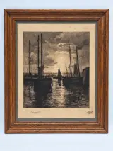 Gesigneerde ets met remarque - Vissersboten bij maanlicht - Émile Humblot – kavel bij De Kringwinkel, Gent