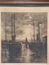 Gesigneerde ets met remarque - Vissersboten bij maanlicht - Émile Humblot – foto 2 – kavel bij De Kringwinkel, Gent