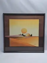 Vintage stilistisch landschap "Ondergaande zon over velden" - gesigneerd Galvique – kavel bij De Kringwinkel, Gent