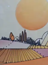 Vintage stilistisch landschap "Ondergaande zon over velden" - gesigneerd Galvique – foto 13 – kavel bij De Kringwinkel, Gent