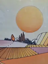 Vintage stilistisch landschap "Ondergaande zon over velden" - gesigneerd Galvique – foto 8 – kavel bij De Kringwinkel, Gent