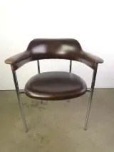 Set van 3 vintage design eetkamerstoelen – verchroomd buisframe met donkerbruine bekleding – foto 2 – kavel bij De Kringwinkel, Heverlee