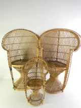 Set van 3 vintage rotan stoelen – decoratieve pauwenstoel en twee kinderstoelen – foto 2 – kavel bij De Kringwinkel, Heverlee