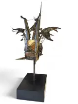 Brutalistisch metalen sculptuur 'Vliegmachine met ridder' (1994) – Lafargue – foto 2 – kavel bij De Kringwinkel, Gent