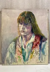 Vintage expressionistisch portretschilderij op doek – Portret van een jonge vrouw / man met sjaal, gesigneerd R. Hollevoet, midden/tweede helft 20e… – kavel bij De Kringwinkel, Waa
