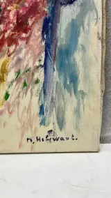 Vintage expressionistisch portretschilderij op doek – Portret van een jonge vrouw / man met sjaal, gesigneerd R. Hollevoet, midden/tweede helft 20e… – foto 2 – kavel bij De Kringwi