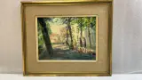 Vintage impressionistisch olieverfschilderij – Zonnig stadsplein met bomen en figuren, gesigneerd R. Hollevoet, midden 20e eeuw – kavel bij De Kringwinkel, Waardamme