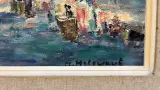 Vintage impressionistisch olieverfschilderij – Zonnig stadsplein met bomen en figuren, gesigneerd R. Hollevoet, midden 20e eeuw – foto 2 – kavel bij De Kringwinkel, Waardamme