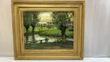 Vintage luministisch olieverfschilderij op doek/paneel – Vlaams weidelandschap met knotwilgen en vee langs de beek, gesigneerd L. Vande Kerckhove,… – kavel bij De Kringwinkel, Waar
