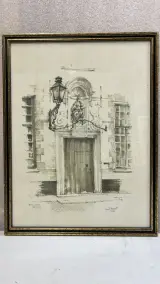 Vintage ingelijste tekening / lithografie – Poort van het Prinselijk Begijnhof Ten Wijngaerde te Brugge, gesigneerd Miel Baert, 1986 – kavel bij De Kringwinkel, Waardamme