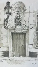 Vintage ingelijste tekening / lithografie – Poort van het Prinselijk Begijnhof Ten Wijngaerde te Brugge, gesigneerd Miel Baert, 1986 – foto 2 – kavel bij De Kringwinkel, Waardamme