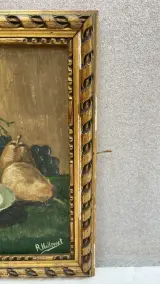 Vintage olieverfschilderij op paneel – Stilleven met meloen, druiven en aardewerken kruik, gesigneerd R. Hollevoet, midden 20e eeuw – foto 3 – kavel bij De Kringwinkel, Waardamme