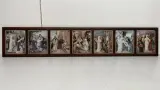 Antiek religieus panoramisch paneel – Zeven Smarten van Maria (Septem Dolorum), chromolithografieën in neogotische eikenhouten lijst, ca. 1900 – kavel bij De Kringwinkel, Waardamme
