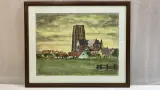 Vintage ingelijste aquarel – Gezicht op Damme met de Onze-Lieve-Vrouw-Hemelvaartkerk, 20e eeuw – kavel bij De Kringwinkel, Waardamme