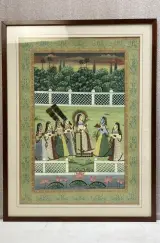 Traditionele Indiase miniatuurschildering in kader – Vorstelijk tafereel in paleistuin (Kishangarh / Rajasthan stijl), 20e eeuw – kavel bij De Kringwinkel, Waardamme