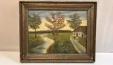 Antiek olieverfschilderij op paneel – Landelijk Vlaams rivierlandschap met hoeve, gesigneerd Albéric Ruelandt, gedateerd 1939 – kavel bij De Kringwinkel, Waardamme