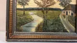 Antiek olieverfschilderij op paneel – Landelijk Vlaams rivierlandschap met hoeve, gesigneerd Albéric Ruelandt, gedateerd 1939 – foto 3 – kavel bij De Kringwinkel, Waardamme
