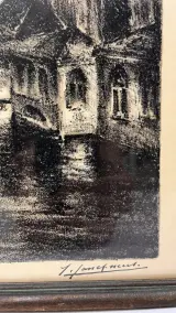 Vintage ingelijste lithografie / houtskooltekening – Gezicht op de reien van Brugge (Rozenhoedkaai / Dijver), gesigneerd J./L. Janssens, midden 20e… – foto 2 – kavel bij De Kringwi