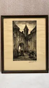 Vintage ingelijste lithografie / houtskooltekening – Historisch stadsgezicht met stadspoort, gesigneerd J./L. Janssens, midden 20e eeuw – kavel bij De Kringwinkel, Waardamme