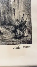 Vintage ingelijste lithografie / houtskooltekening – Historisch stadsgezicht met stadspoort, gesigneerd J./L. Janssens, midden 20e eeuw – foto 2 – kavel bij De Kringwinkel, Waardam