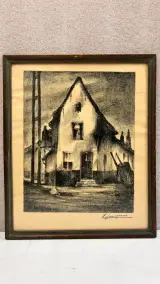 Vintage ingelijste houtskooltekening / lithografie – Landelijke Vlaamse hoeve, gesigneerd J./L. Janssens, midden 20e eeuw – kavel bij De Kringwinkel, Waardamme