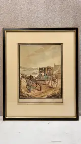 Antieke ingelijste prent naar C.F. von Brockdorff – Maltees rijtuig (Calesse) bij de kust van Malta, 19e eeuw – kavel bij De Kringwinkel, Waardamme