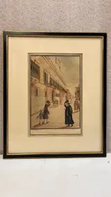 Ingelijste Historische Prent / Aquarel van een Maltees Straattafereel (Strada Reale) – kavel bij De Kringwinkel, Waardamme