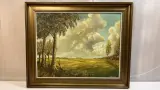 Groot Origineel Olieverfschilderij "Weids Landschap met Boerderij", gesigneerd R. V. D. Berge – kavel bij De Kringwinkel, Waardamme