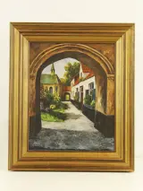 L. Plehiers – Olieverfschilderij van een dorpsgezicht met boogpoort – kavel bij De Kringwinkel, Antwerpen