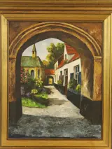 L. Plehiers – Olieverfschilderij van een dorpsgezicht met boogpoort – foto 2 – kavel bij De Kringwinkel, Antwerpen