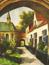 L. Plehiers – Olieverfschilderij van een dorpsgezicht met boogpoort – foto 3 – kavel bij De Kringwinkel, Antwerpen