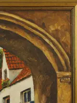 L. Plehiers – Olieverfschilderij van een dorpsgezicht met boogpoort – foto 4 – kavel bij De Kringwinkel, Antwerpen