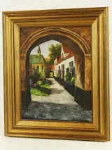 L. Plehiers – Olieverfschilderij van een dorpsgezicht met boogpoort – foto 7 – kavel bij De Kringwinkel, Antwerpen