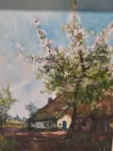 Olieverfschilderij op doek - Boerderij met bloesemboom - Henri Joseph Pauwels – foto 2 – kavel bij De Kringwinkel, Gent