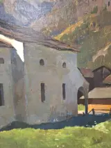 Olieverfschilderij van een berglandschap met kapel - Eugène Delécluse (1882-1972) – foto 3 – kavel bij De Kringwinkel, Gent