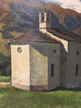 Olieverfschilderij van een berglandschap met kapel - Eugène Delécluse (1882-1972) – foto 4 – kavel bij De Kringwinkel, Gent
