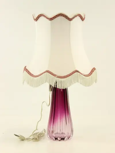 Val Saint Lambert paarse kristallen lamp met witte kap – Jaren 50/60 – kavel bij De Kringwinkel, Antwerpen