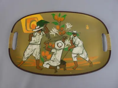 Vintage dienblad met koffiepluk-afbeelding – kavel bij De Kringwinkel, Diest