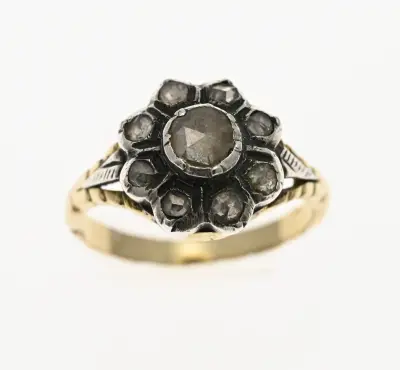 Gouden ring rozet met oude diamant – kavel bij Twents Veilinghuis