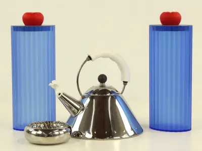 Lot van 4 designobjecten van Alessi – fluitketel, asbak en 2 spaghetti opbergdozen – kavel bij De Kringwinkel, Antwerpen
