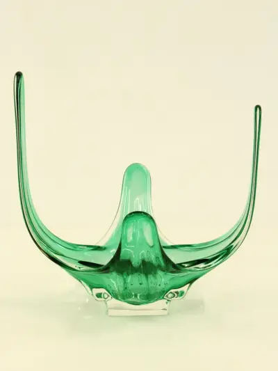 Groene mondgeblazen glazen schaal in Murano-stijl – Jaren 60/70 – kavel bij De Kringwinkel, Antwerpen