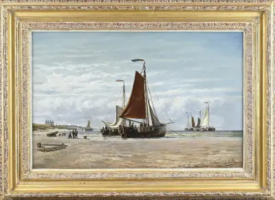 Hendrik Hulk, Hollands strandgezicht met bomschuiten – kavel bij Twents Veilinghuis