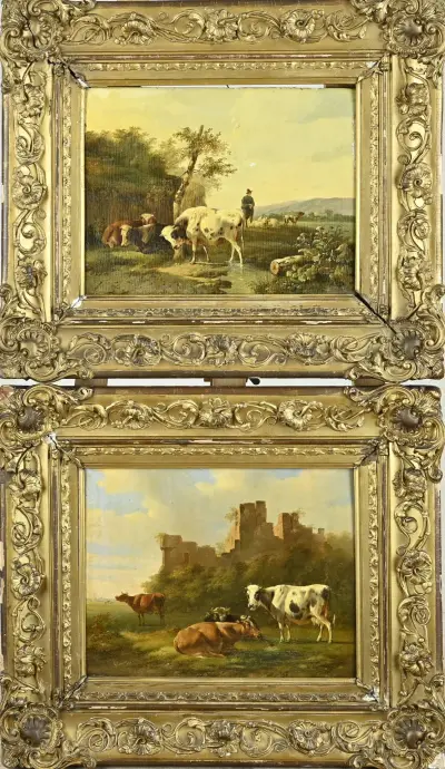 Pendant Albertus Verhoesen, 2x Landschap met koeien – kavel bij Twents Veilinghuis