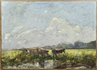 Jacobus Doeser, Zomers landschap met koeien bij drenkplaats – kavel bij Twents Veilinghuis