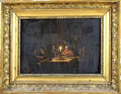 Schilderij, Interieur met figuren bij kaarslicht – kavel bij Twents Veilinghuis