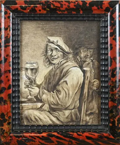 Antiek aquarel + lijst, Man met Roemer-glas – kavel bij Twents Veilinghuis