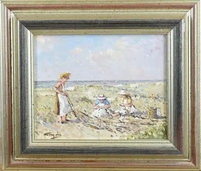 v.d. Plas, Strandgezicht met nettenboetsers – kavel bij Twents Veilinghuis