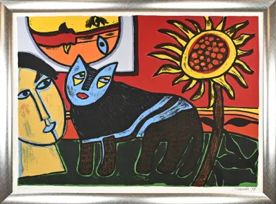 Litho Corneille, Kat met zonnebloem – kavel bij Twents Veilinghuis